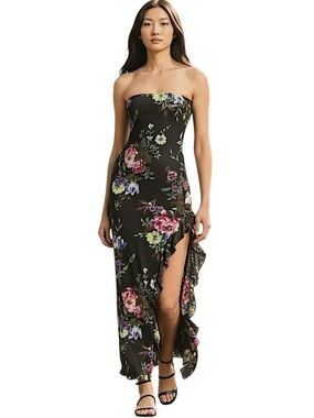 AFRM Strapless Black Floral Ruffle Maxi Dress Size M